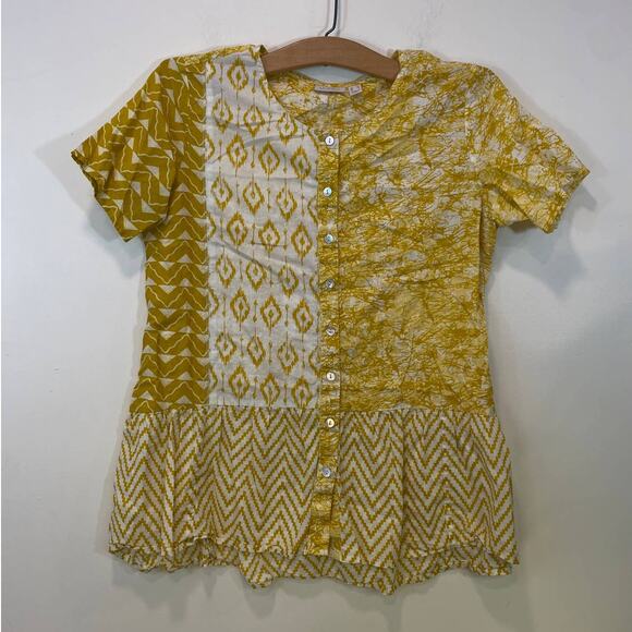 LOGO Yellow Cotton Too/Blouse XS Pearl Buttons Summer Light Weight Blouse - Picture 1 of 5